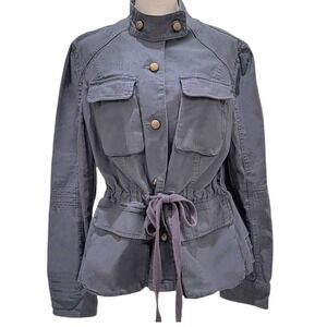 Mossimo Utility Jacket Gray Blue Cinch Waist Tiered Ruffle Hem Brass Button XL